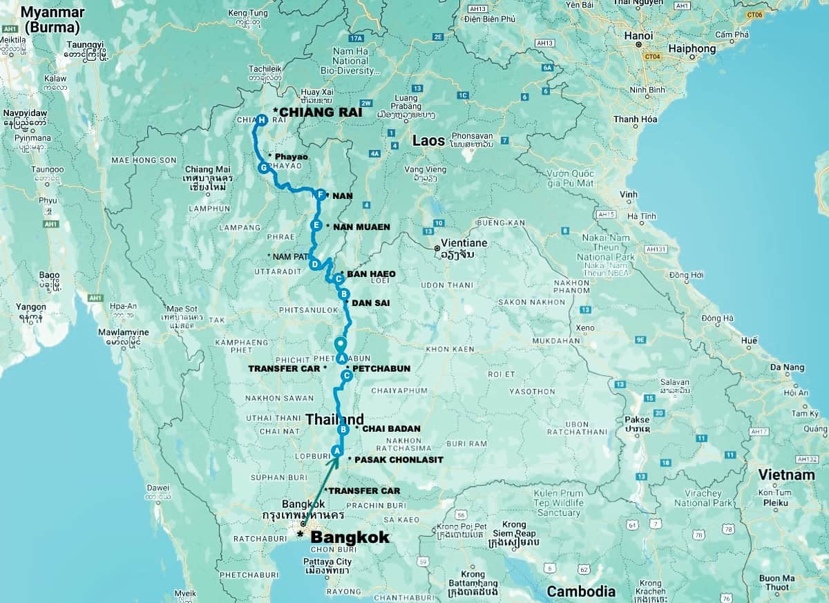 Route map illustrating the scenic itinerary of the Bangkok to Chiang Rai road bike tour through Northern Thailand.