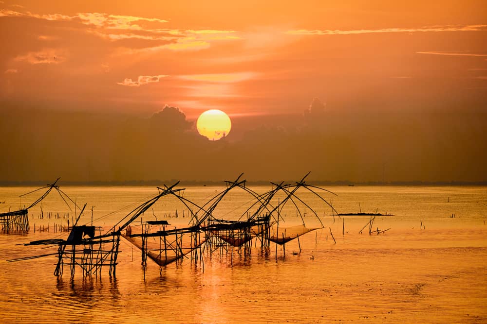 A breathtaking golden sunset over Patthalung Lake, showing traditional giant bamboo dip nets during a scenic boat tour.