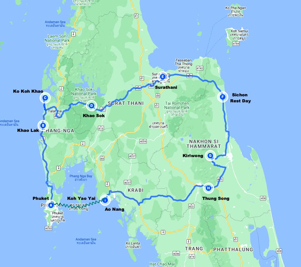 Route map illustrating the daily destinations and stops for the Explore South Thailand Road Bike Tour.