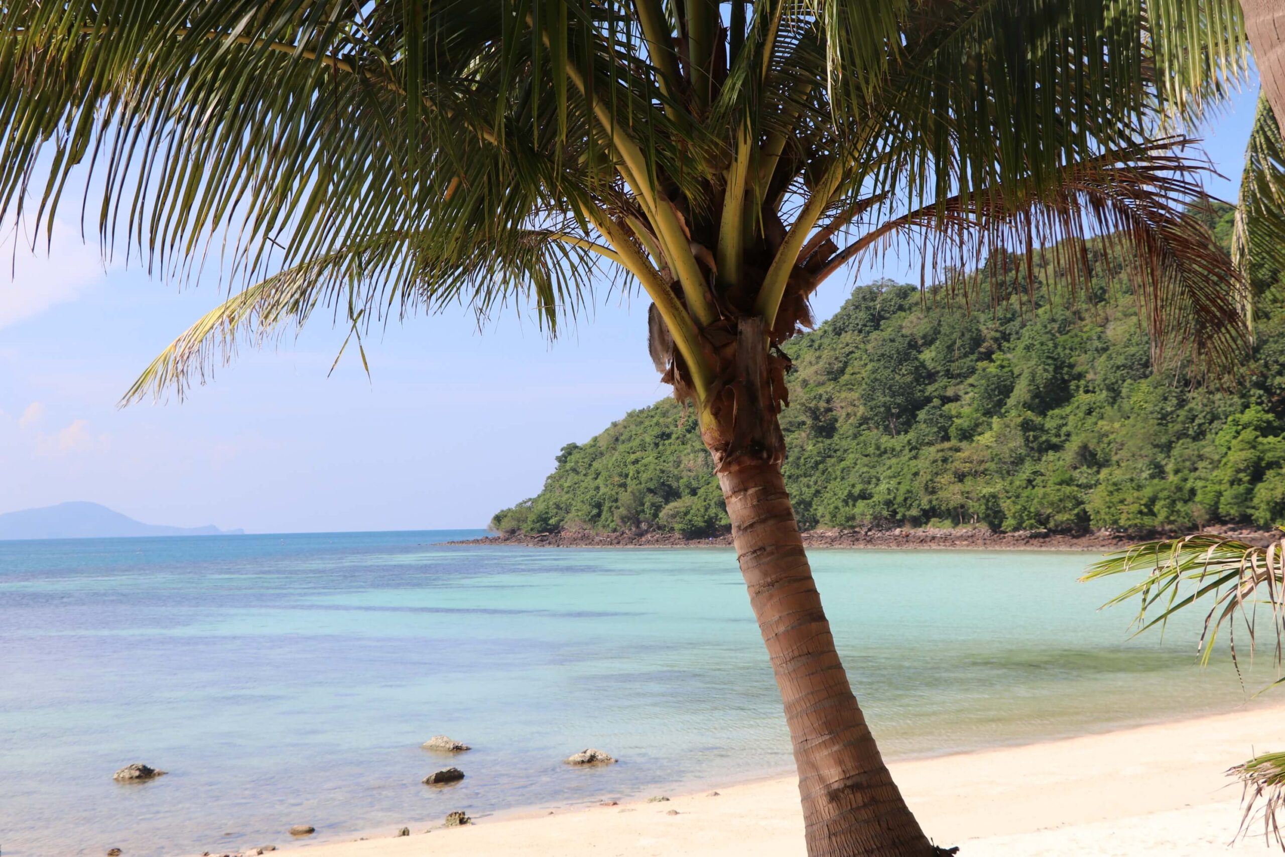 White sand beach and green trees on a beautiful tropical island in Southern Thailand.