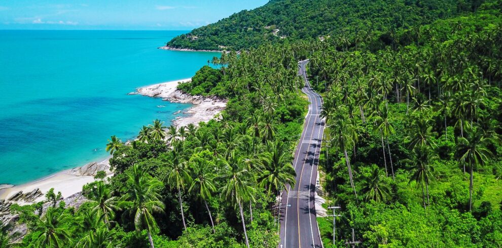 Scenic coastal road between Khanom and Sichon, one of the best cycling routes in Thailand, featuring turquoise sea views, palm forests, and quiet roads along the Gulf of Thailand.